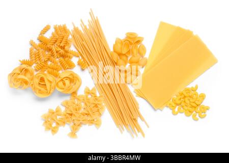 Composition with different types of raw pasta isolated on white background Stock Photo