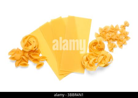 Different types of raw pasta isolated on white background Stock Photo