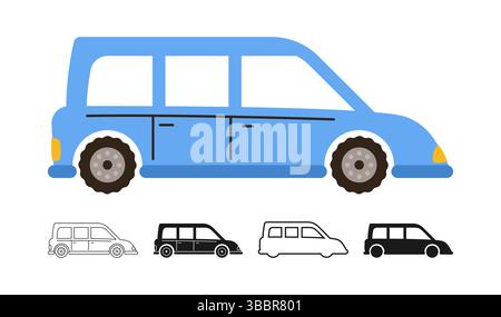 Car auto icon symbol cartoon set. Hand drawn minibus automobile for passenger in different styles colored silhouette, outline collection. Simple children funny transport comic icon vector illustration Stock Vector