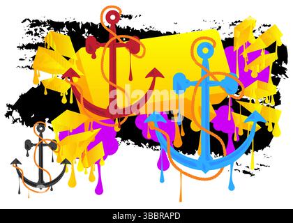 Anchor graffiti. Abstract modern street art decoration performed in urban painting style. Stock Vector