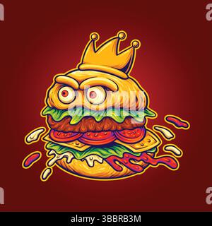 Cartoon Hamburger Character With Crown And Angry Eyes Mascot Logo vector illustrations for your work logo, merchandise t-shirt, stickers and label des Stock Vector