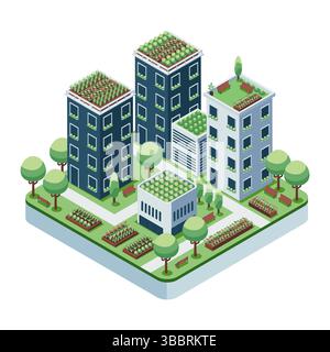 Isometric Urban Gardening with Rooftop and Balcony Garden. Urban Gardening and Sustainable City Concept Stock Vector