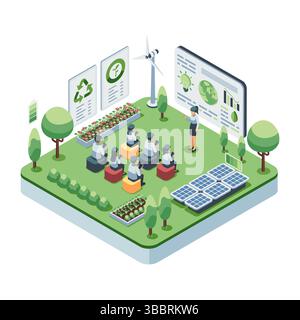 Isometric Sustainable Energy and Environmental Education Classroom. Sustainable Living and Environmental Education Concept Stock Vector
