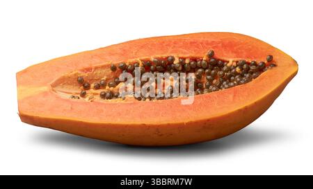 close-up of ripe papaya slice or cut in half isolated white background, juicy sweet fruit with vibrant orange flesh and black seeds, side view with sh Stock Photo