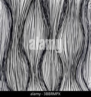 Abstract black and white wavy line pattern with flowing vertical curves and hand-drawn texture, irregular striped artistic background Stock Photo
