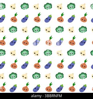 Vegetables seamless pattern. Cute kawaii veggies. Smiling faces. Stock Vector