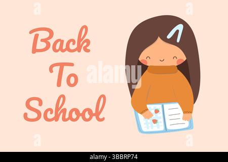 Back to school poster with cute girl. Kawaii girl writing to the journal. Stock Vector