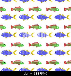 Beautiful tropical fish seamless pattern. Blue and green exotic fish. Stock Vector