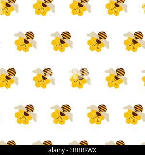 Beekeeping seamless pattern with bee on honey wax cell. Stock Vector