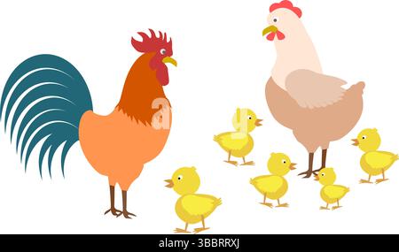 Vector cartoon farm animal family with rooster, hen and chicks Stock Vector