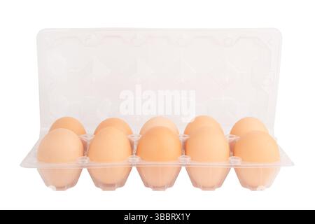 ten eggs in a plastic tray isolated on a white background. Stock Photo