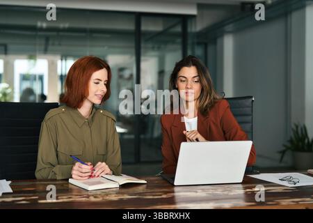 Two busy business women working together using laptop at desk in office. Stock Photo