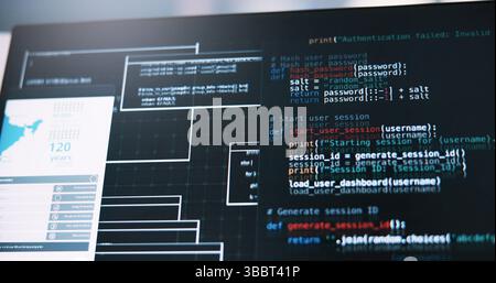 Computer screen, code and software development with programming language for AI or web design at office. Empty, technology or display with backend UI Stock Photo