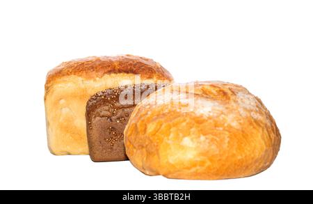 Three fresh bread loaves in a row showcasing different types: whole wheat, multigrain, white bread. Homemade baked pastry. Different freshly baked Stock Photo