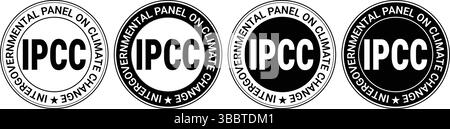 black and white round icons with ipcc text showing climate change panel stamp designs in vector style Stock Vector