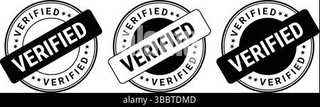 black and white verified stamp icons in circular badge style with bold typography and diagonal label Stock Vector