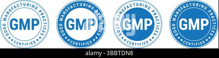 round blue GMP certified badges with bold letters and clean design used for good manufacturing labels Stock Vector