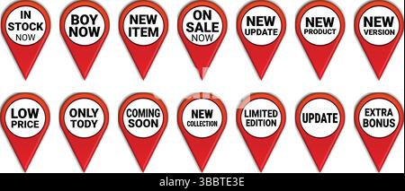 red pointer labels with promotional texts like new item, limited edition, sale, bonus, and update Stock Vector