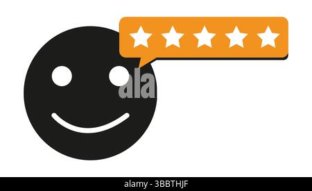 black smiley face icon with orange five star rating bubble symbolizing customer satisfaction Stock Vector