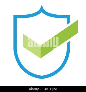 blue outlined shield with large green check mark symbolizing safety, security and verification Stock Vector