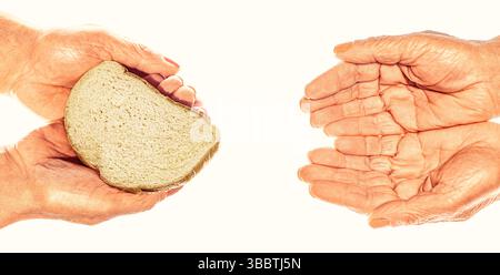 Old woman's hand holding piece of bread. Isolated on white.Woman giving poor homeless person pieces of bread, donations, close up Stock Photo