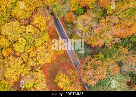Aerial view of the winding road through the mountainous landscape near ...