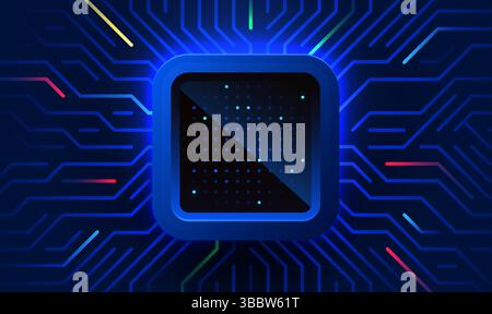 Brightly glowing AI chip on circuit board. Technology background. CPU processor on tech bg. Computer microchip on motherboard. Vector illustration Stock Vector