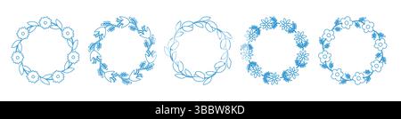 Fruit frame set. Round wreath, fruit border. Fruit icons. Blue hand drawn fruit frame. Stock Vector