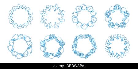 Fruit frame set. Round wreath, fruit border. Fruit icons. Blue hand drawn fruit frame. Stock Vector