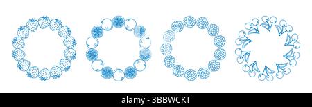 Fruit frame set. Round wreath, fruit border. Fruit icons. Blue hand drawn fruit frame. Stock Vector