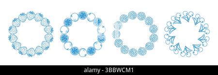 Fruit frame set. Round wreath, fruit border. Fruit icons. Blue hand drawn fruit frame. Stock Vector