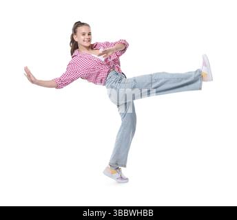 Girl in stylish clothes dancing on white background Stock Photo