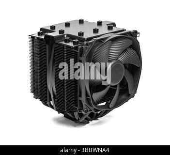 Black CPU tower cooler with a large fan and multiple heat pipes, designed for efficient computer cooling Stock Photo