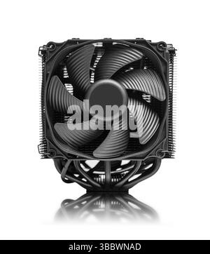 Black CPU tower cooler with a large fan and multiple heat pipes, designed for efficient computer cooling Stock Photo