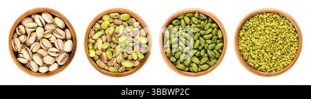 Pistachios in wooden bowls. From left to right unshelled and shelled roasted pistachios, whole and chopped raw pistachio seeds. Stock Photo