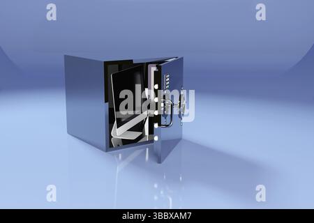 3D illustration with unclosed safe or vault with a computer Stock Photo