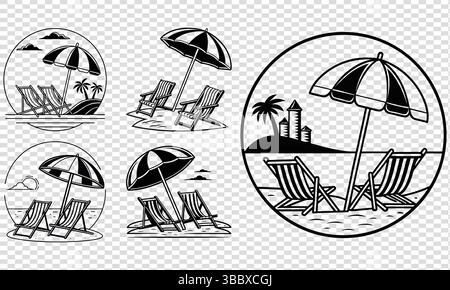 Collection of black and white beach scene icons with chairs, umbrellas, and palm trees. Stock Vector