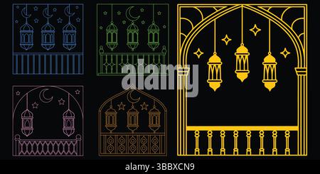 Collection of Ramadan and Eid themed icons, Islamic arch and lantern line art. Stock Vector