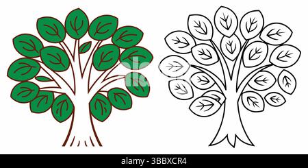 Simple tree vector illustration and coloring page outline, isolated on transparent background. Stock Vector
