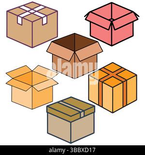 Moving, shipping, and delivery box vector set, isolated on transparent background. Stock Vector