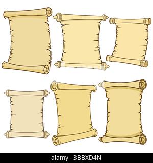Collection of vintage parchment scroll illustrations, vector set. Stock Vector
