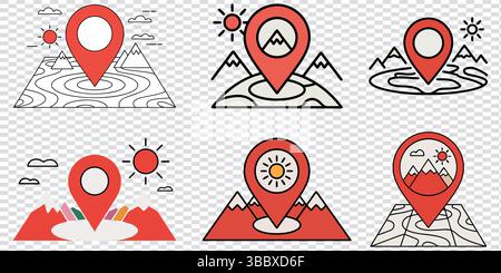 Red map pin icons with mountains, sun, and maps, isolated on transparent background. Stock Vector
