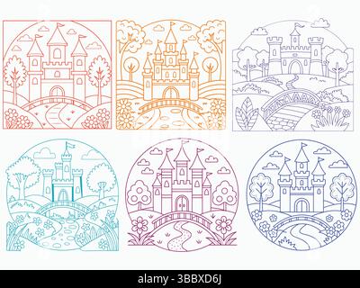 Magical kingdom and fairy tale castle outline vector set in various colors. Stock Vector