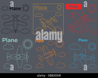 Simple outline vector illustrations of airplanes for kids or travel themes. Stock Vector