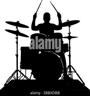 Dramatic Drummer Silhouette Performing on Stage with Backlight. Epic Silhouette: Drummer in Motion on Stage Lights. Stock Vector