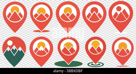 Collection of map pin icons with mountain symbols for location and navigation. Stock Vector