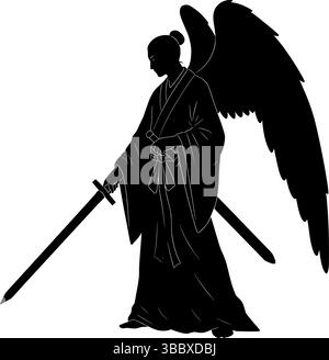 Silhouette of Samurai Angel with Sword and Wings – Warrior Spirit Art" Stock Vector