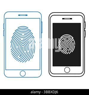 Smartphone security concept with fingerprint ID, set of two outline phones. Stock Vector