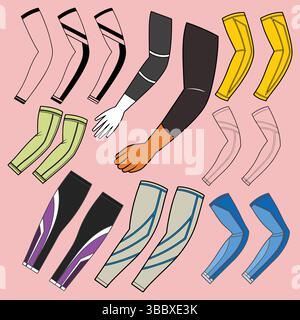 Set of various arm warmers and sleeves for basketball, cycling, and sports. Stock Vector