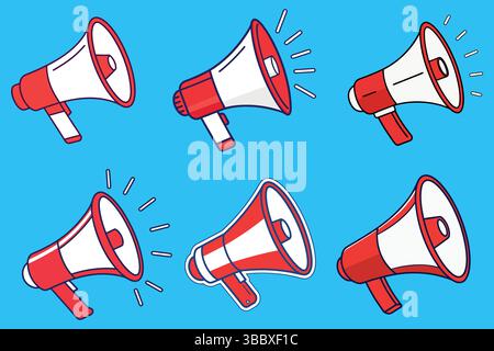 Collection or seamless pattern of red and white megaphones on a blue background. Vector illustration of bullhorns symbolizing announcement, protest, m Stock Vector